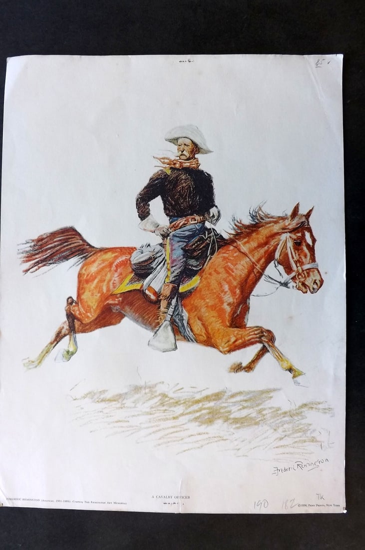 Remington, Frederic 1956 Folio Print. A Cavalry Officer, USA: Folio Lithograph Published 1956 by Penn Prints, New York for "'Buckskins': Portraits of the Old West" by Frederic Remington. Paper Size: 16 x 12 inch (41 x 30cm) Small bottom margin tear. Good Conditi