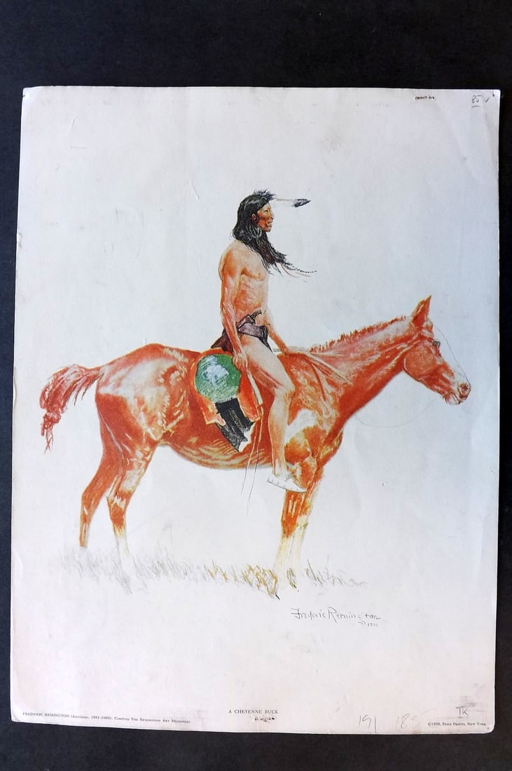 Remington, Frederic 1956 Folio Print. Chayenne Buck, Native American: Folio Lithograph Published 1956 by Penn Prints, New York for "'Buckskins': Portraits of the Old West" by Frederic Remington. Paper Size: 16 x 12 inch (41 x 30cm) Good Condition