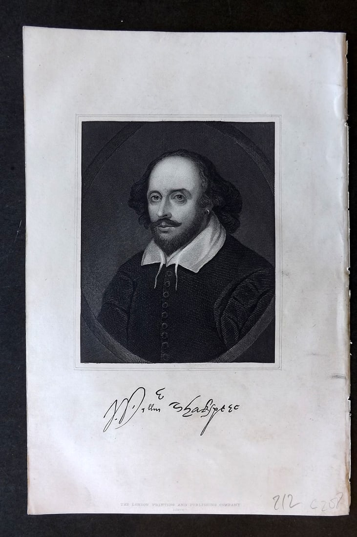 Wright, Thomas 1860 Portrait Print. William Shakespeare: Steel Engraving Published 1860 by The London Printing & Published Company, London for "The Royal Dictionary-Cyclopedia for Universal Reference" by Thomas Wright. Paper Size: 10 x 6 inch (25 x 16cm) Go