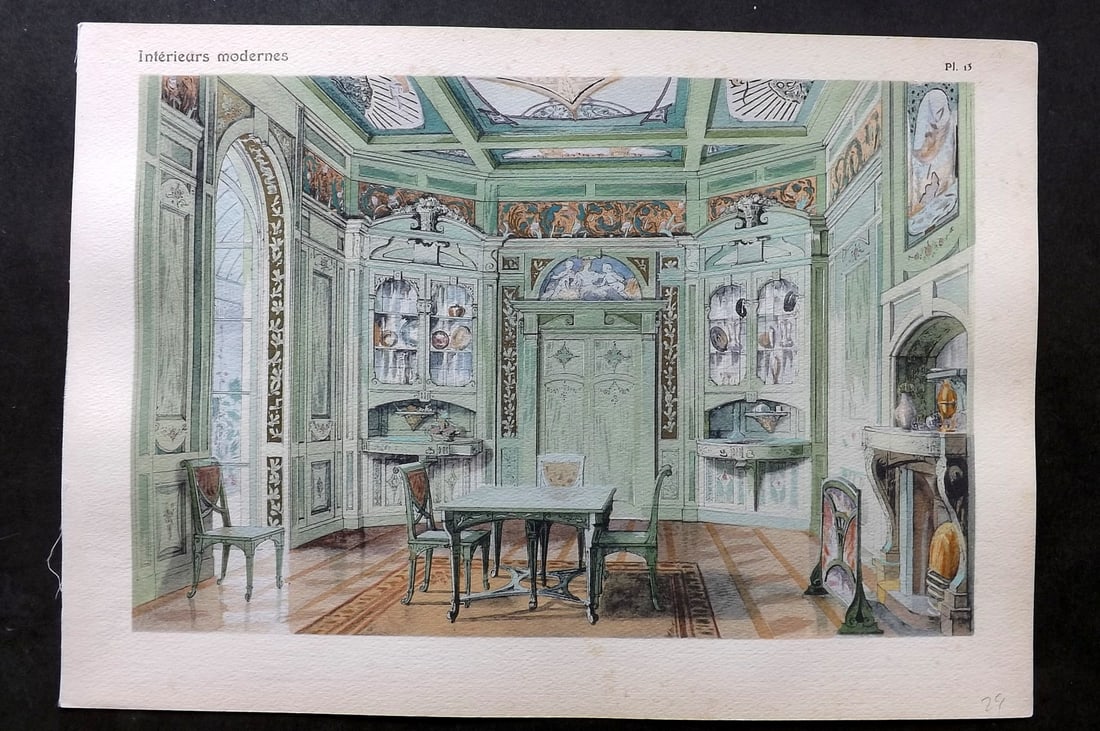 Remon, Georges 1900 Folio HC Pochoir. Interieurs Modernes 13: Folio Hand Colored Pochoir Lithograph Published 1900, Paris for "Interieurs Modernes" by Georges Remon. Paper Size: 17 x 12 inch (43 x 30cm) Very minor margin toning. Good Condition