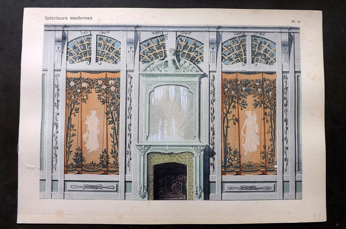 Remon, Georges 1900 Folio HC Pochoir. Interieurs Modernes 17: Folio Hand Colored Pochoir Lithograph Published 1900, Paris for "Interieurs Modernes" by Georges Remon. Paper Size: 17 x 12 inch (43 x 30cm) Very minor margin toning. Good Condition