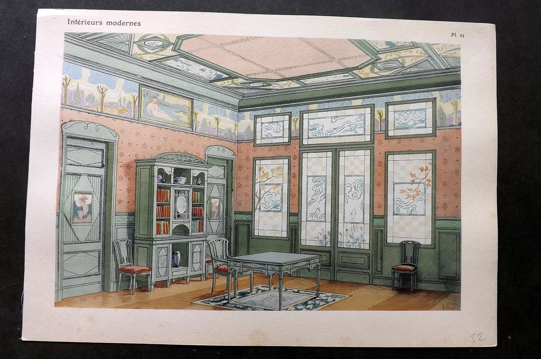 Remon, Georges 1900 Folio HC Pochoir. Interieurs Modernes 25: Folio Hand Colored Pochoir Lithograph Published 1900, Paris for "Interieurs Modernes" by Georges Remon. Paper Size: 17 x 12 inch (43 x 30cm) Good Condition