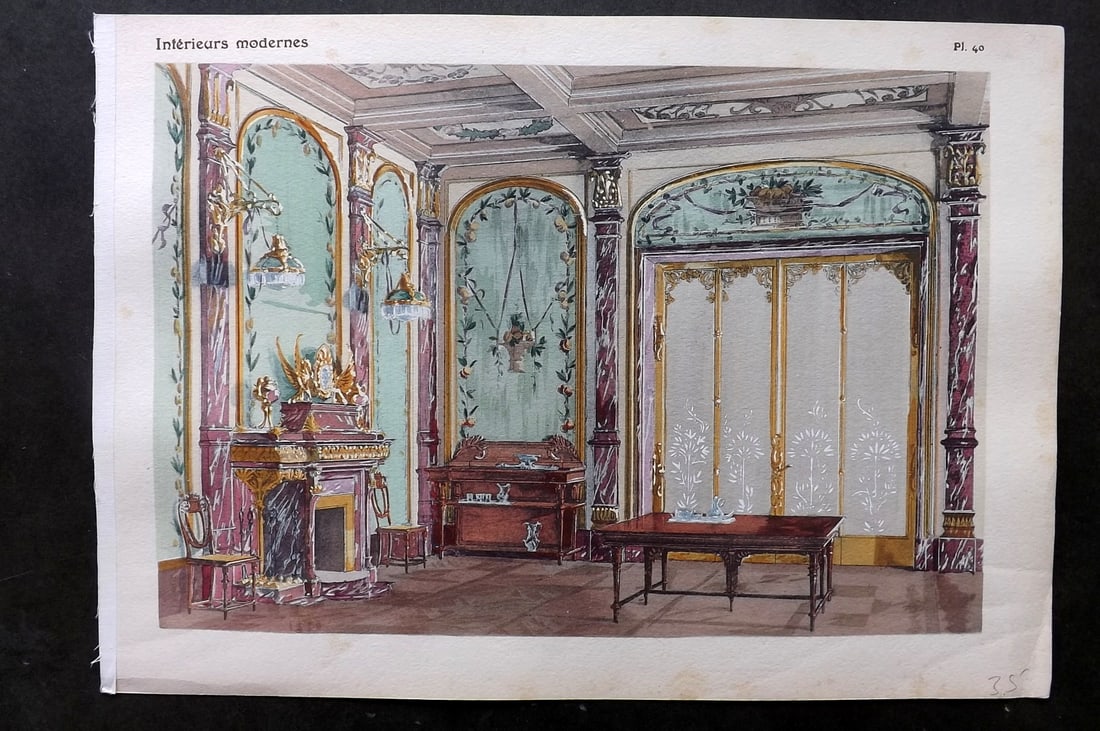 Remon, Georges 1900 Folio HC Pochoir. Interieurs Modernes 40: Folio Hand Colored Pochoir Lithograph Published 1900, Paris for "Interieurs Modernes" by Georges Remon. Paper Size: 17 x 12 inch (43 x 30cm) Very minor margin toning. Good Condition