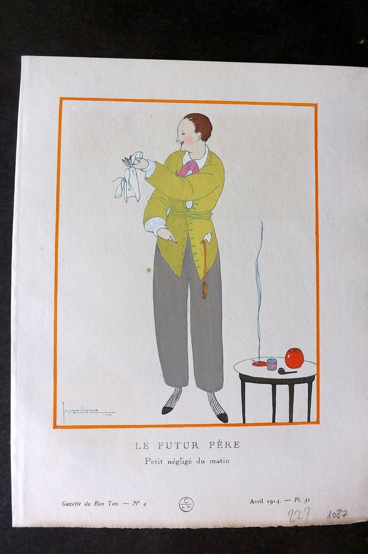 Gazette du Bon Ton by Gose 1914 Art Deco Pochoir. Le Futur Pere by Georges Lepape (1 of 1)