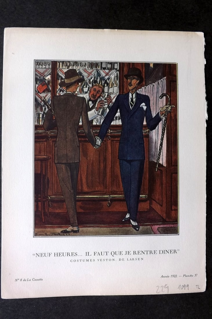 Gazette du Bon Ton by Gose 1922 Art Deco Pochoir. Neuf Heurs by Pierre Brissaud (1 of 1)