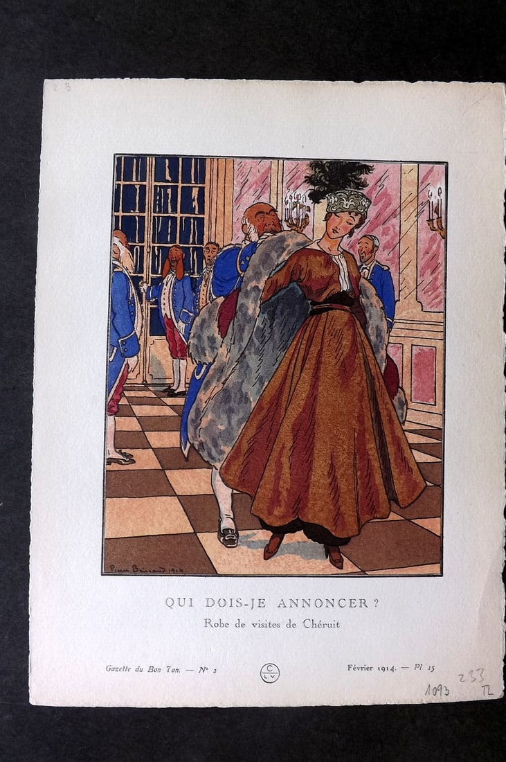 Gazette du Bon Ton by Gose 1914 Art Deco Pochoir. Qui Dois-Je Annoncer by Pierre Brissaud (1 of 1)
