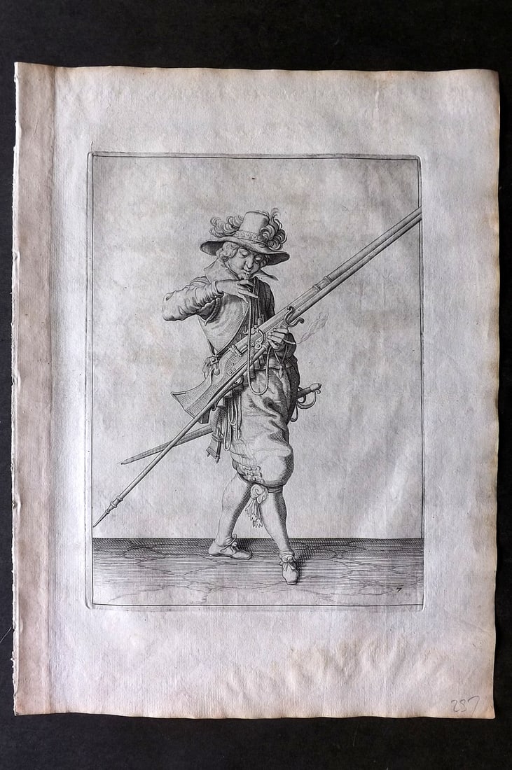 Gheyn, Jacob de 1608 Folio Military Print. Musketeer 07: Folio Copper Plate Published 1608, The Hague for "The Exercise of Arms, for Calivres, Muskettes and Pikes" by Jacob de Gheyn. Paper Size: 14 x 10 inch (36 x 25cm) Good Condition