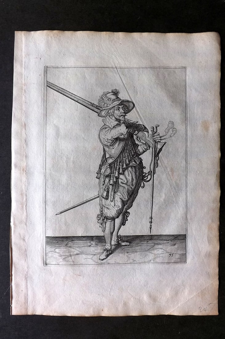 Gheyn, Jacob de 1608 Folio Military Print. Musketeer 35: Folio Copper Plate Published 1608, The Hague for "The Exercise of Arms, for Calivres, Muskettes and Pikes" by Jacob de Gheyn. Paper Size: 14 x 10 inch (36 x 25cm) Good Condition