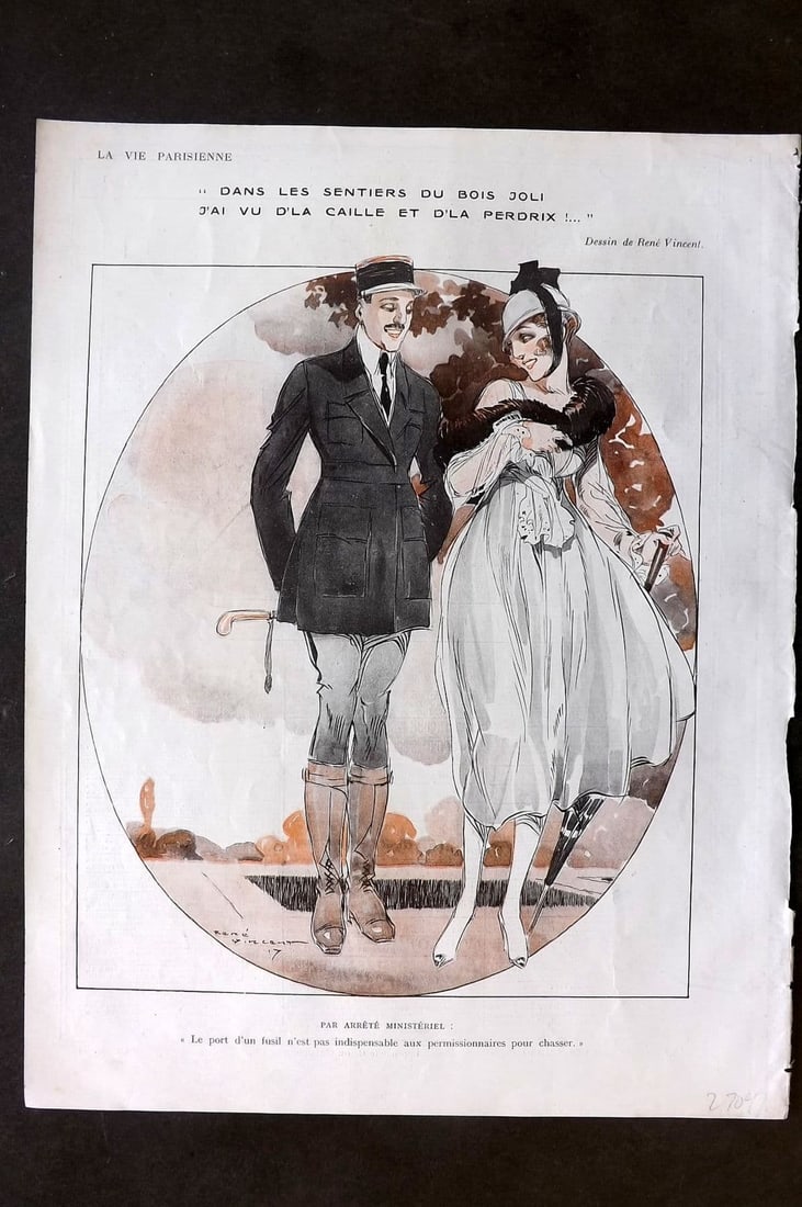 La Via Parisienne 1917 Art Deco Print. Dans les Sentiers du bois Joli by Vincent: Vintage Lithograph Published 1863-1970 Paris for "La Vie Parisienne" Illustrated by Georges Barbier, Cheri Herouard, Georges Leonnec and others. French Text to verso. Paper Size: 13.5 x 10 inch (34 x 