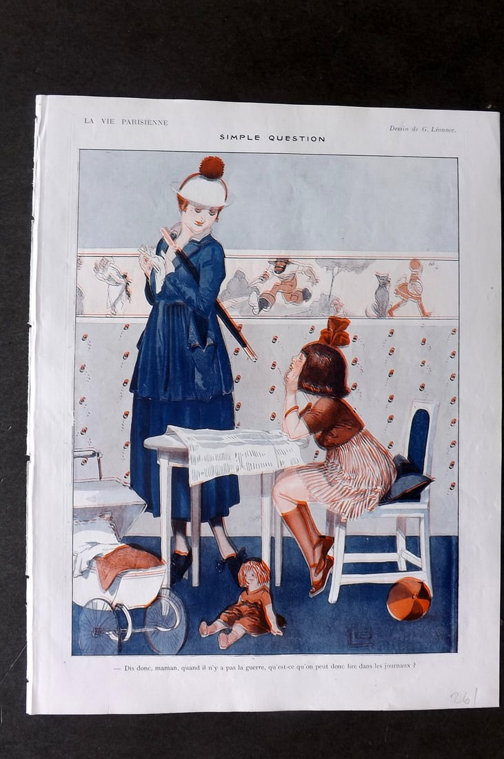 La Via Parisienne 1917 Art Deco Print. Simple Question by Leonnec: Vintage Lithograph Published 1863-1970 Paris for "La Vie Parisienne" Illustrated by Georges Barbier, Cheri Herouard, Georges Leonnec and others. French Text to verso. Paper Size: 13.5 x 10 inch (34 x 