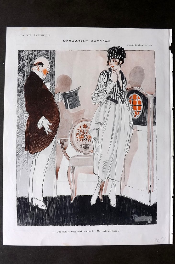 La Via Parisienne 1917 Art Deco Print. L'Argument Supreme by Vincent: Vintage Lithograph Published 1863-1970 Paris for "La Vie Parisienne" Illustrated by Georges Barbier, Cheri Herouard, Georges Leonnec and others. French Text to verso. Paper Size: 13.5 x 10 inch (34 x 