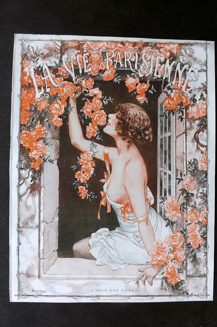 La Via Parisienne 1917 Art Deco Print. Le Mois des Roses by Herouard: Vintage Lithograph Published 1863-1970 Paris for "La Vie Parisienne" Illustrated by Georges Barbier, Cheri Herouard, Georges Leonnec and others. French Text to verso. Paper Size: 13.5 x 10 inch (34 x 