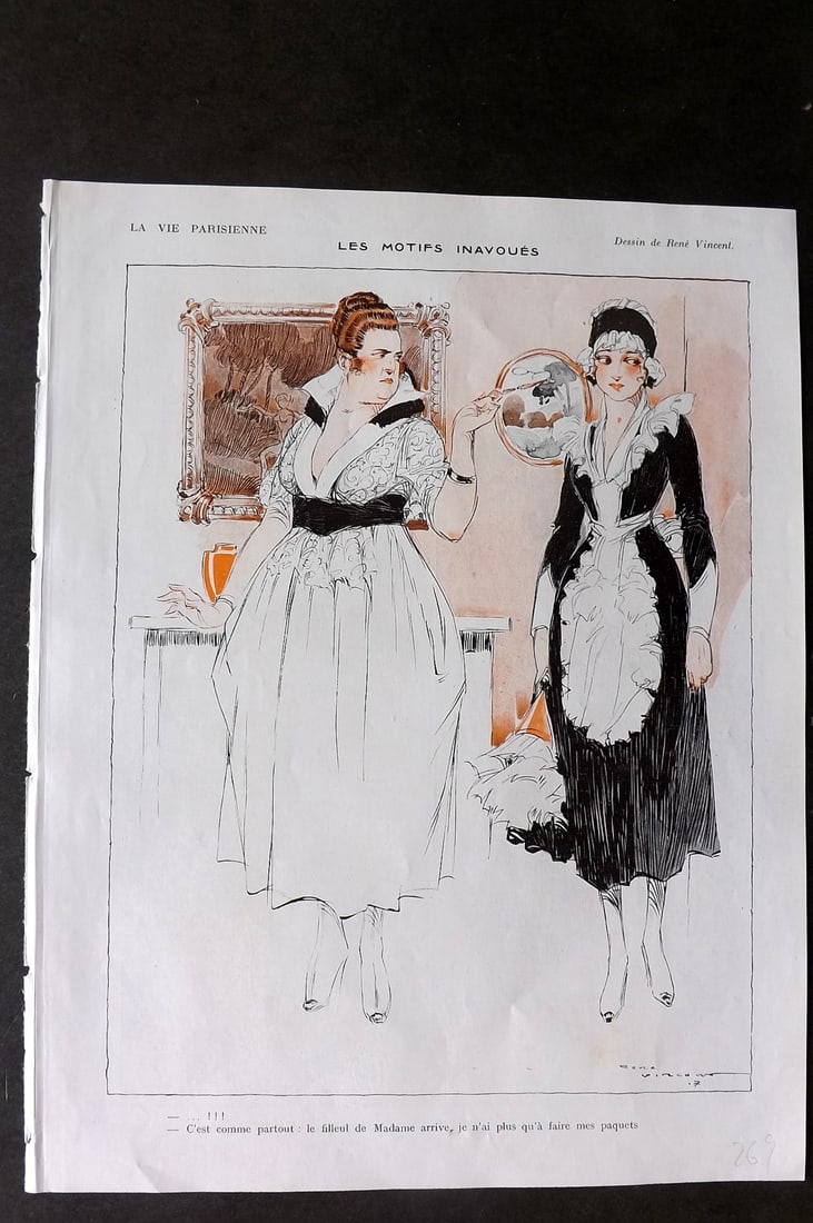 La Via Parisienne 1917 Art Deco Print. Le motifs Inavoues by Vincent: Vintage Lithograph Published 1863-1970 Paris for "La Vie Parisienne" Illustrated by Georges Barbier, Cheri Herouard, Georges Leonnec and others. French Text to verso. Paper Size: 13.5 x 10 inch (34 x 