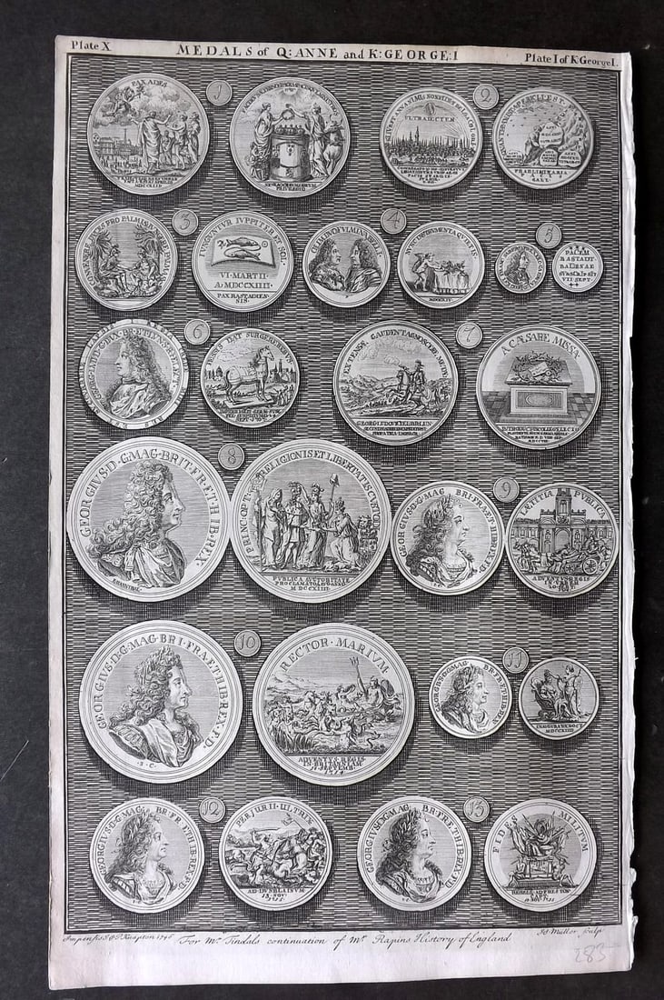 Rapin de Thoyras, Paul 1751 Folio Print. Medals of Queen Anne & George I: Copper Plate Published 1732-51, London for "The History of England" by Paul Rapin de Thoyras. Translated by Nicholas Tindal. Paper Size: 15.5 x 9.5 inch (39 x 24cm) Good Condition