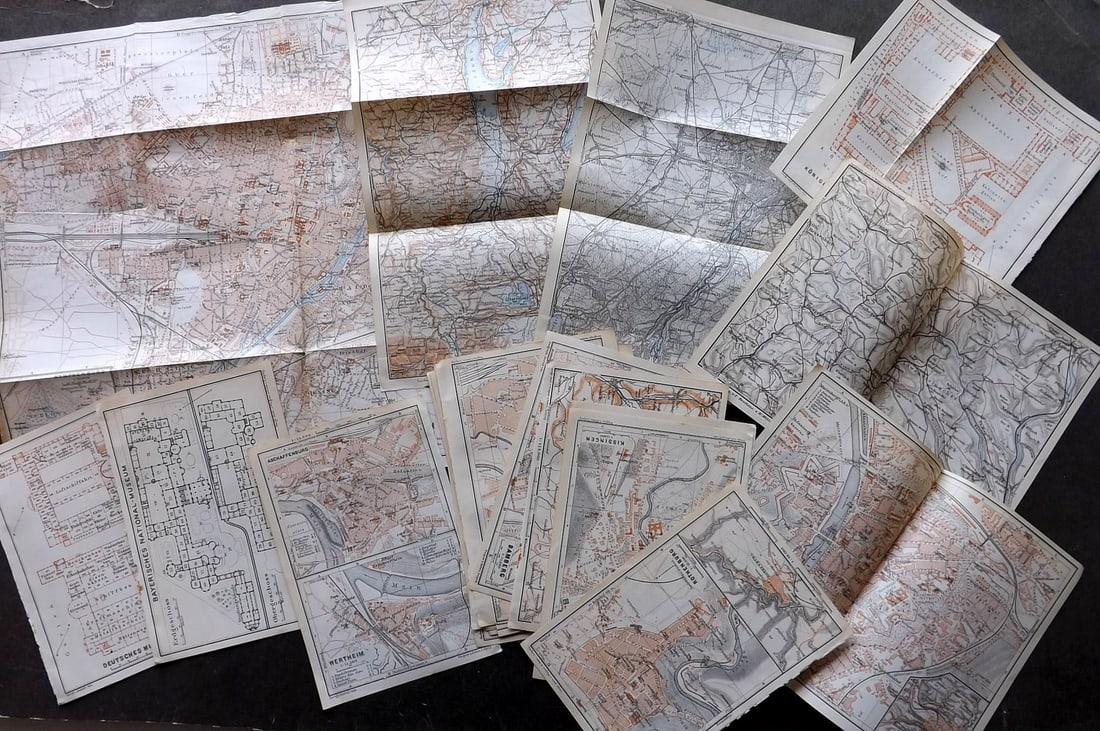 Baedeker, Karl 1929 Lot of 22 Antique Maps. Southern Germany (1 of 3)