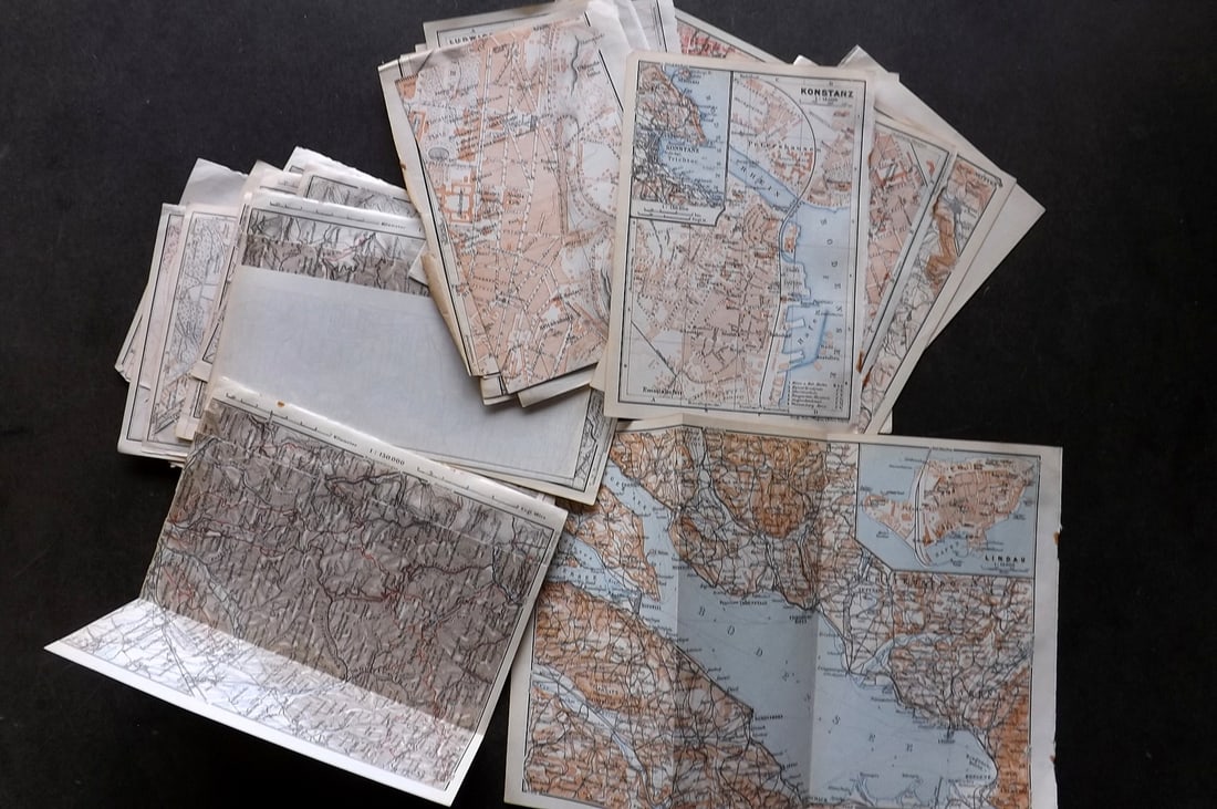 Baedeker, Karl 1929 Lot of 28 Maps. Southern Germany.: Lithograph Maps Published 1929, Leipzig for "Southern Germany. Handbook for Travellers" by Karl Baedeker. Folds as issued. Paper Size: Up to 20 x 16 inch (50 x 40cm) Good Condition