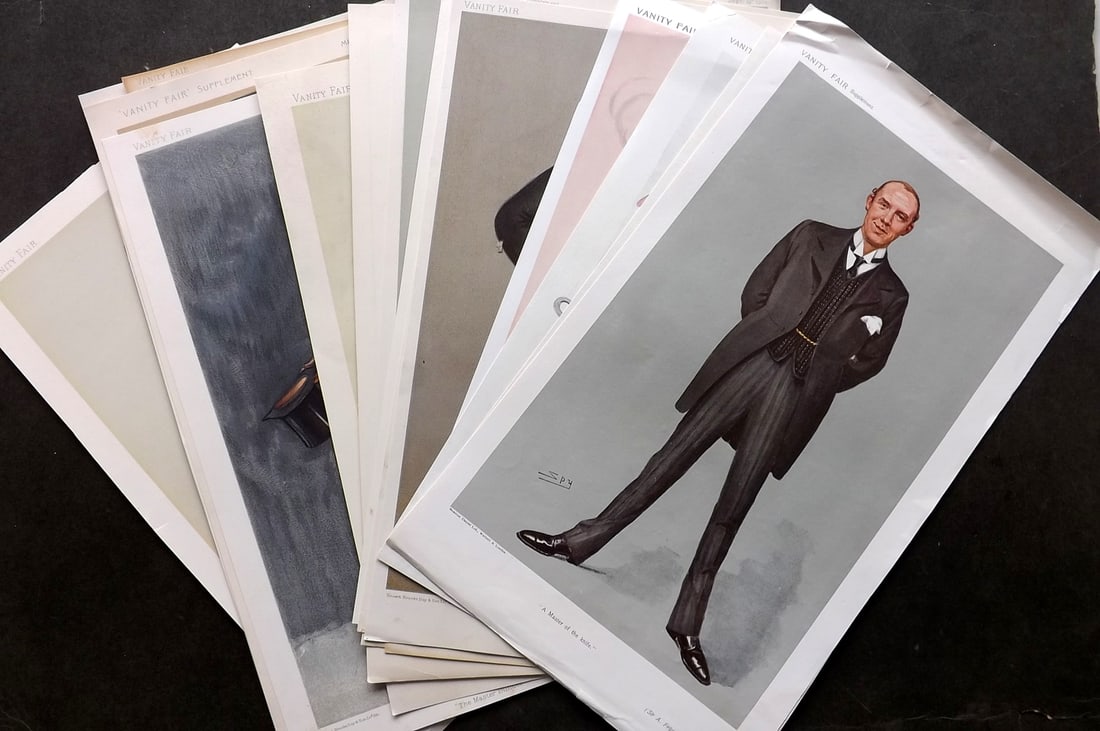 Vanity Fair Prints 19th Cent Mixed Lot of 20 Spy Cartoons, Caricatures. Some by Beerbohm: Lithographs Published 1869-1914, London for "Vanity Fair" Paper Size: 15 x 9 inch (38 x 23cm) Approx. Margins trimmed slightly, otherwise Good Condition