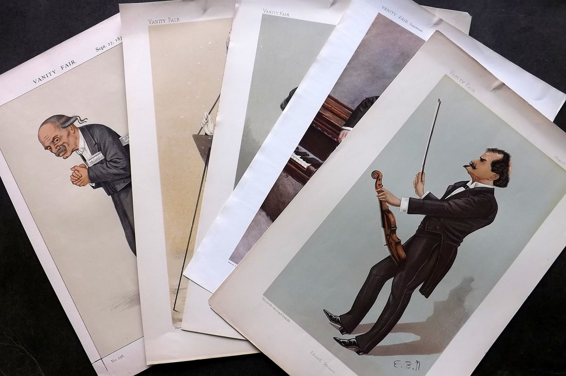 Vanity Fair Prints 19th Cent Lot of 5 Prints. Music Musicians: Lithographs Published 1869-1914, London for "Vanity Fair" Paper Size: 15 x 10 inch (38 x 26cm) Approx. Good Condition