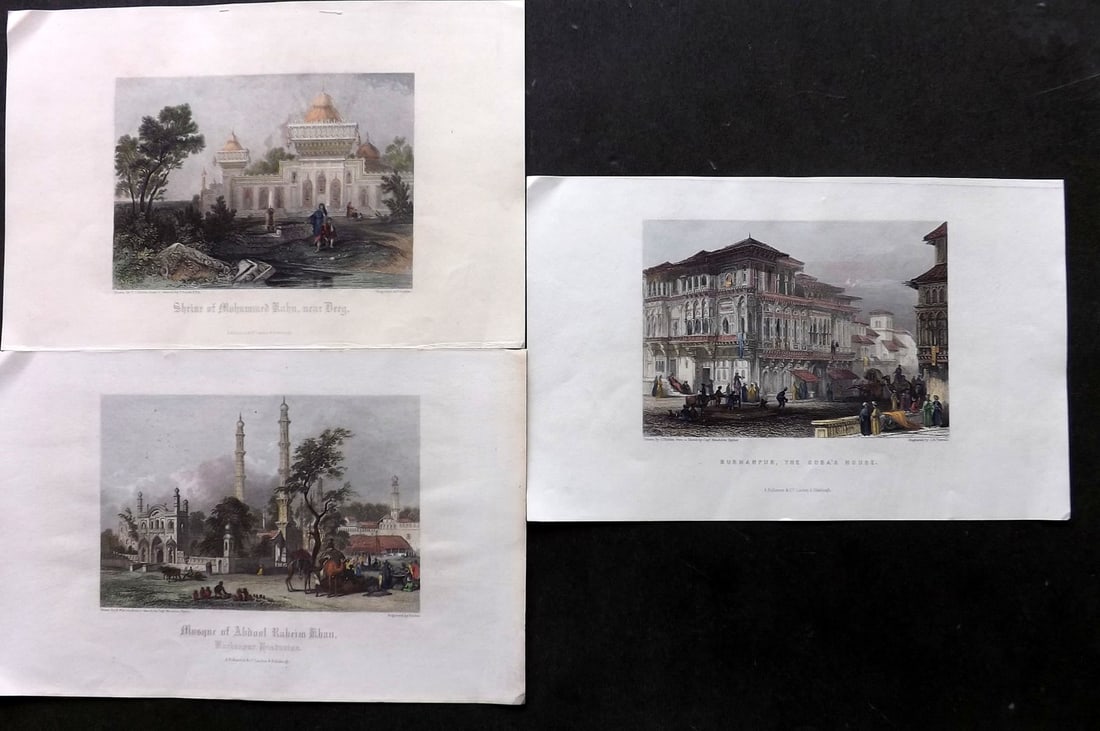 India 1860 Lot of 3 Hand Col Prints. Burhanpur & Deeg (1 of 2)