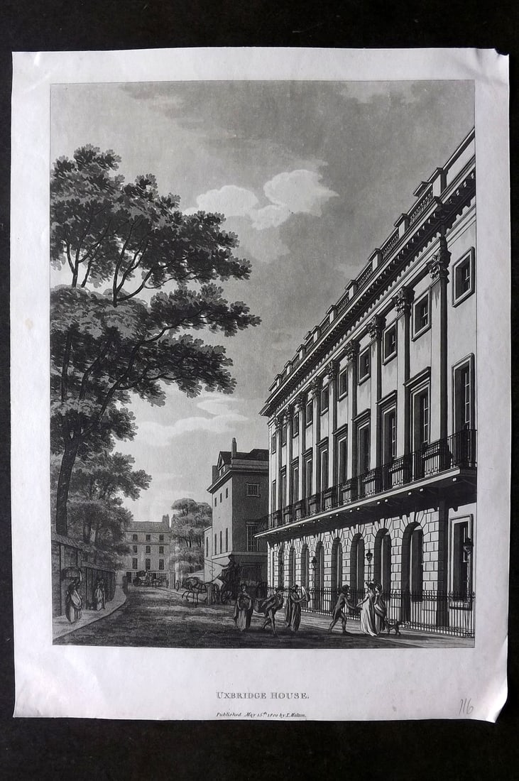 Malton, Thomas 1800 Folio Print. Uxbridge House, London: Aquatint Published 1800, London for "A Picturesque Tour through the Cities of London and Westminster" by Thomas Malton. Paper Size: 14.5 x 10.5 inch (47 x 27cm) Good Condition