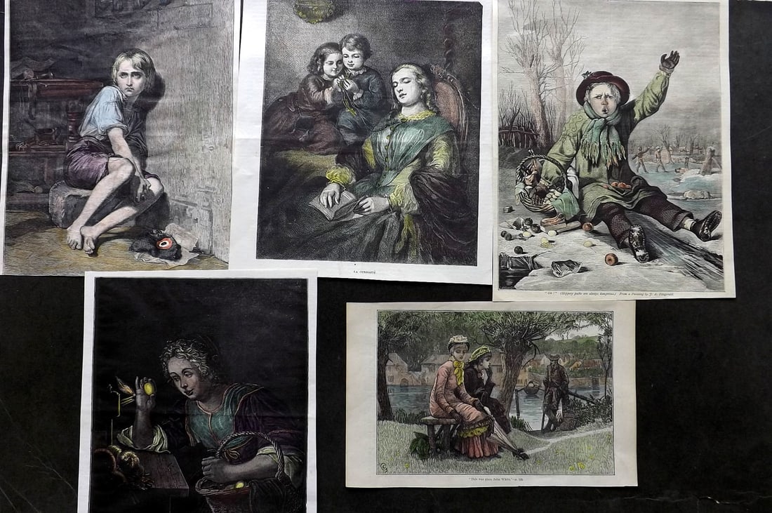 Classical, Genre & Children 19th Cent. Lot of 5 Hand Col Prints (1 of 2)