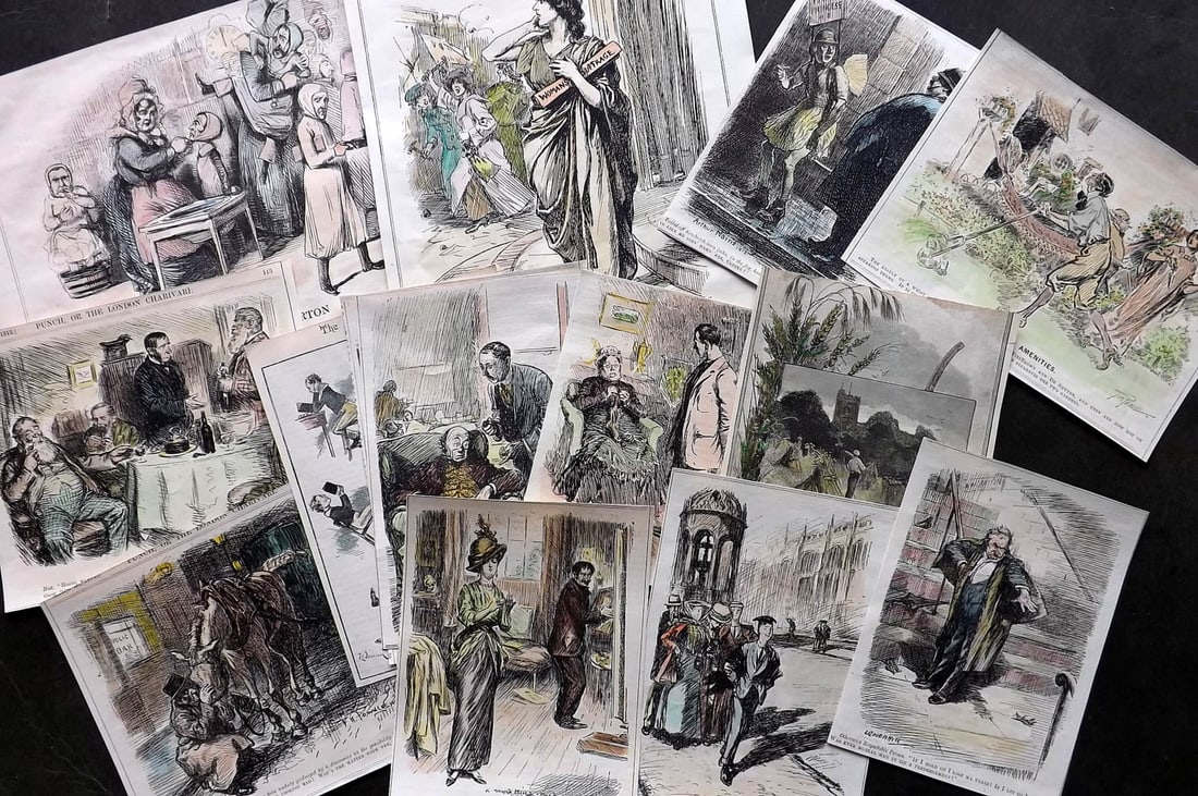 Punch C1890-C1915. Lot of 14 Hand Col Prints. Satire etc (1 of 3)