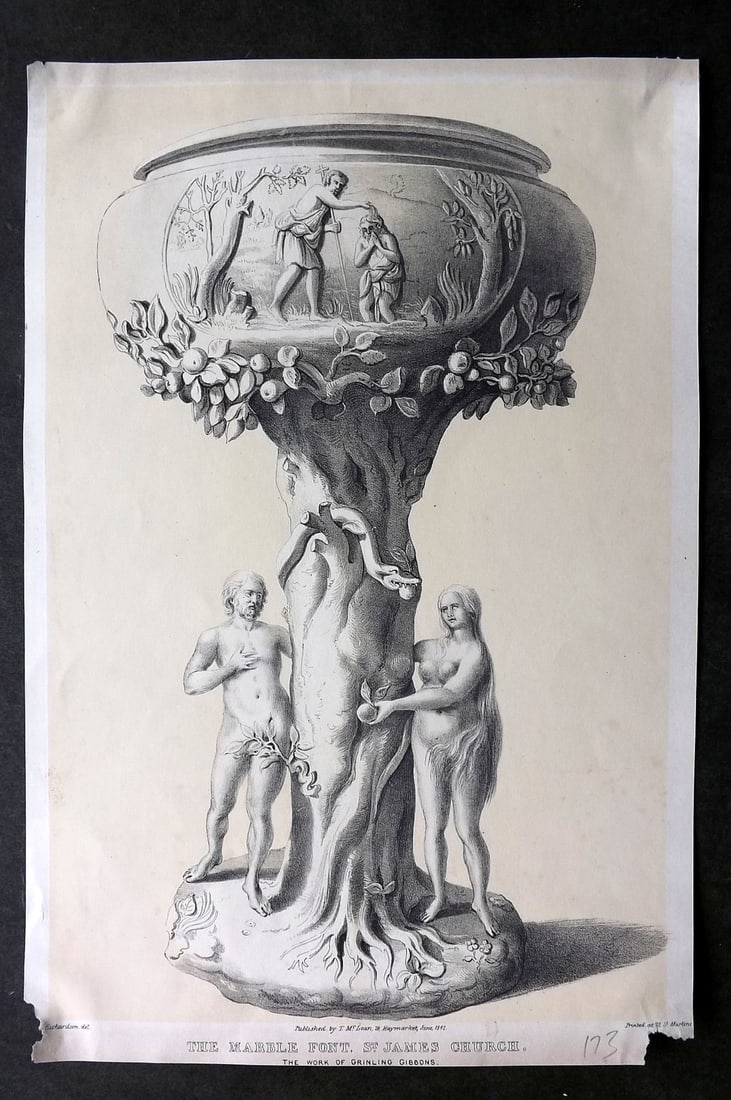 Richardson, Charles 1842 Folio Print. Marble Font, St. James Church: Folio Lithograph Published 1841-48, London for "Studies from Old English Mansions: Their Furniture, Gold and Silver Plate &c" by Charles Richardson. Paper Size: 14.5 x 9.5 inch (37 x 24cm) A Couple of