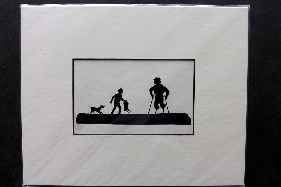Victorian Scissor Craft C1880 Silhouette of a Man on Crutches, Boy & Dog (1 of 1)