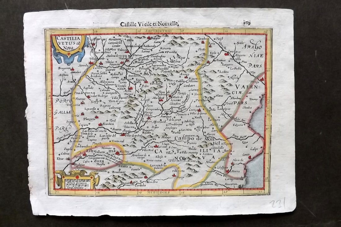 Mercator & Hondius 1607 Hand Col Map. Spain: "Castilia Vetus et Nova" Hand Colored Copper Engraved Map Published 1607, Amsterdam for "Atlas Minor" by Gerard Mercator & Jodocus Hondius. Paper Size: 8.5 x 6 inch (22 x 15cm) Good Condition