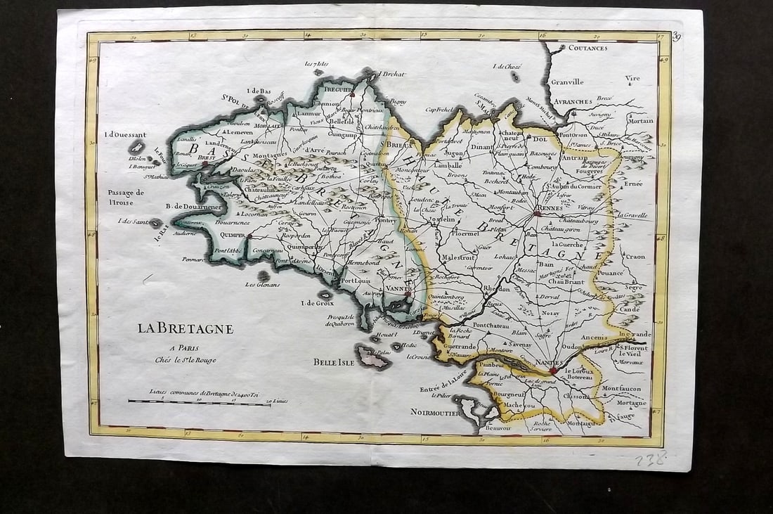 Le Rouge, George Louis 1756 Hand Col Map of Brittany, France (1 of 1)