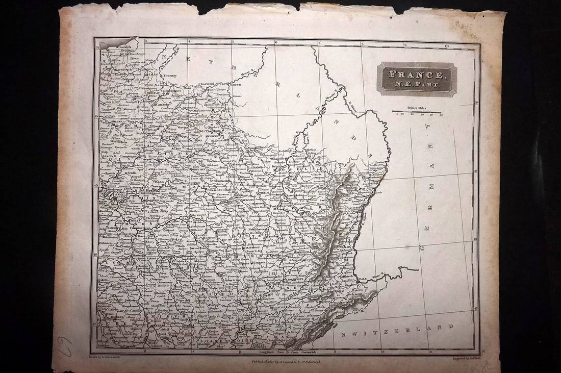 Arrowsmith, Aaron 1817 Antique Map. France. N. E. Parrt: Copper Engraved Map Published 1817, Edinburgh for "A New General Atlas" First Edition by Aaron Arrowsmith. Engraved Sidney Hall. Paper Size: 11.5 x 9.5 inch (29 x 24cm) Some margin water staining, oth