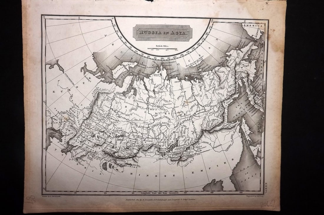 Arrowsmith, Aaron 1817 Antique Map. Russia in Asia: Copper Engraved Map Published 1817, Edinburgh for "A New General Atlas" First Edition by Aaron Arrowsmith. Engraved Sidney Hall. Paper Size: 11.5 x 9.5 inch (29 x 24cm) Some margin water staining, oth