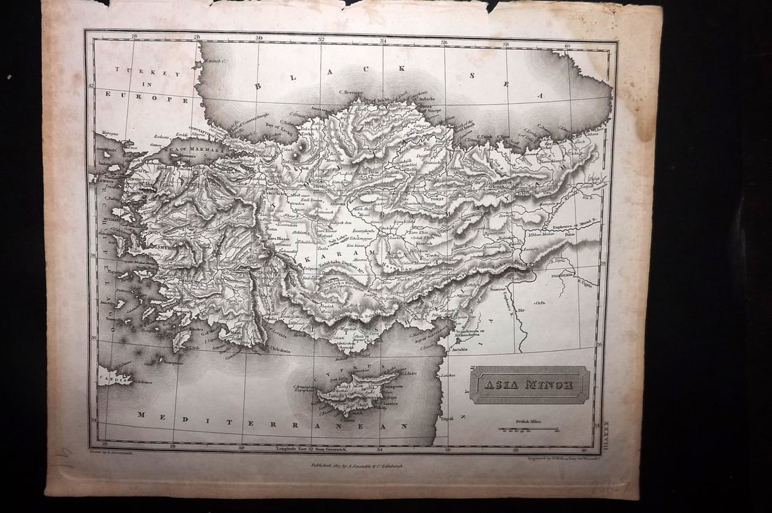 Arrowsmith, Aaron 1817 Antique Map. Asia Minor: Copper Engraved Map Published 1817, Edinburgh for "A New General Atlas" First Edition by Aaron Arrowsmith. Engraved Sidney Hall. Paper Size: 11.5 x 9.5 inch (29 x 24cm) Some margin water staining, oth