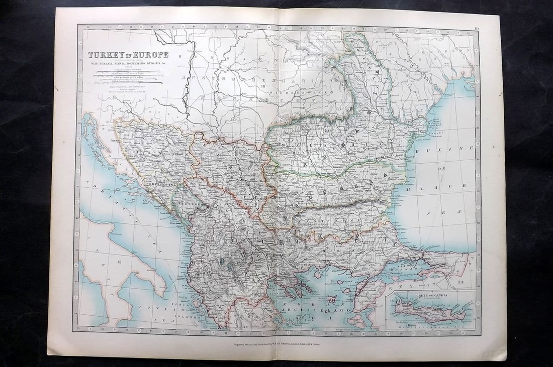 Johnston, Alexander 1906 Antique Map. Turkey in Europe (1 of 2)