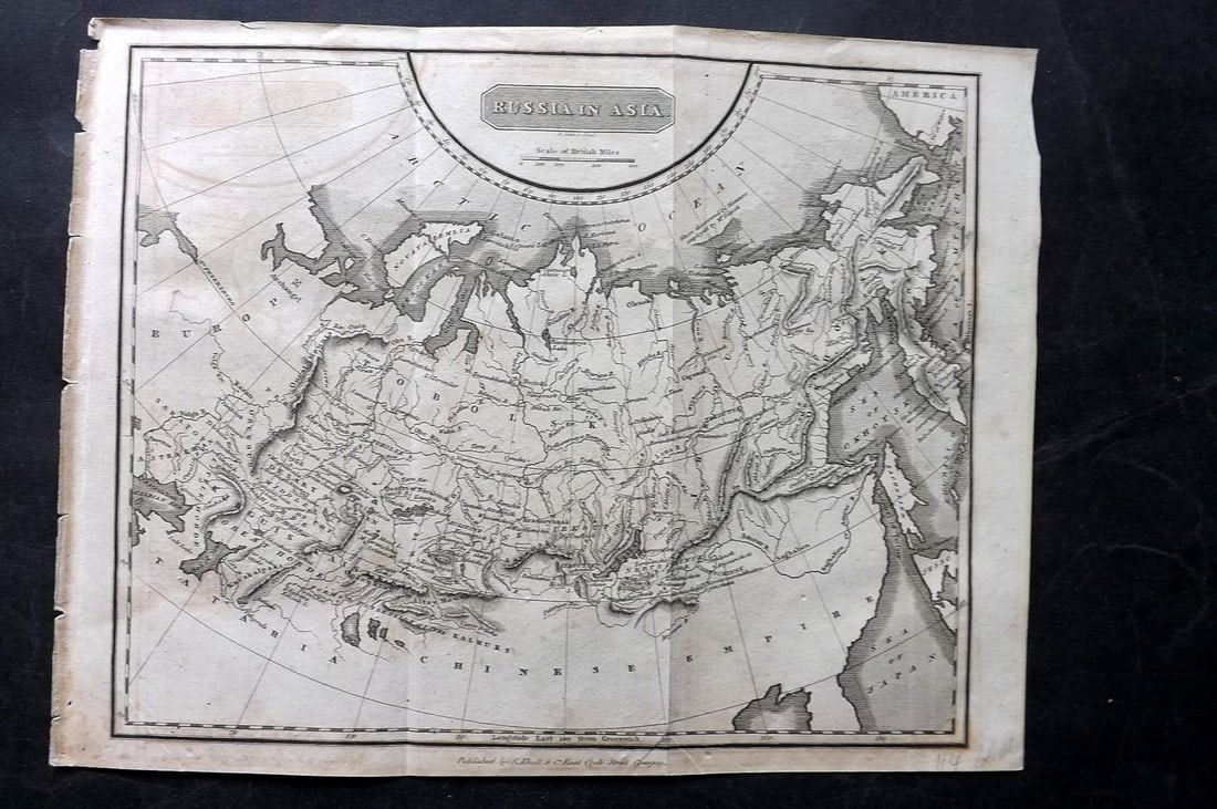 Glasgow Geography 1825 Antique Map. Russia in Asia: Copper Engraved Map Published 1825, Glasgow for "The Glasgow Geography?" by Several Literary Gentleman. Folds as issued. .Paper Size: 11 x 8 inch (28 x 21cm) Very minor toning/offsetting. Good Conditi