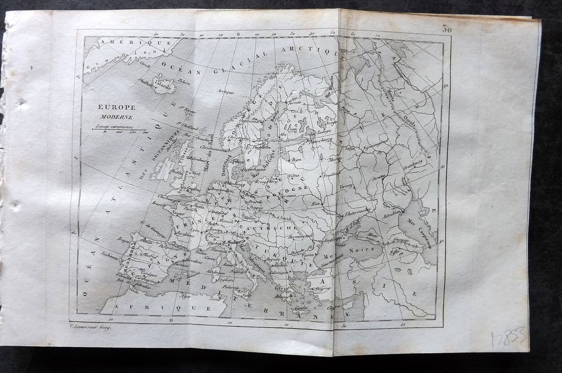 Levasseur, Victor 1838 Antique Map. Europe Moderne Continent: Antique Steel Engraved Map Published 1838, Paris for "Atlas Classique Universel de Geographie ancienne e moderne" by Victor Levasseur. Folds as issued. Paper Size: 8.5 x 5.5 inch (22 x 14cm) Very mino