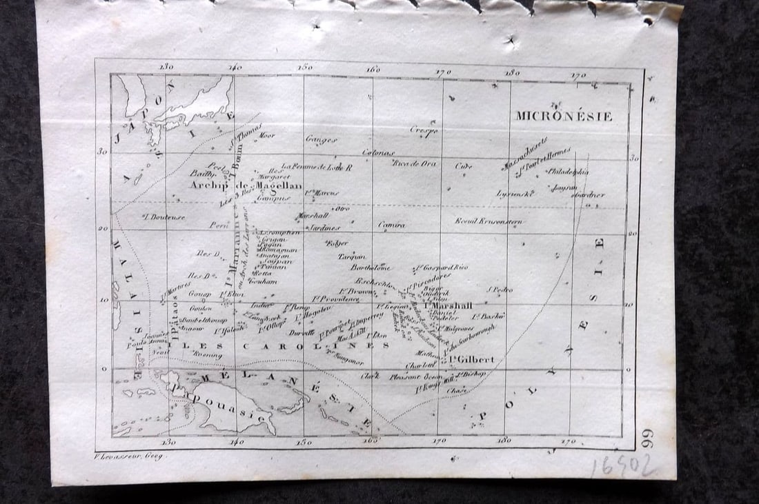 Levasseur, Victor 1838 Antique Map. Micronesie. Micronesia: Antique Steel Engraved Map Published 1838, Paris for "Atlas Classique Universel de Geographie ancienne e moderne" by Victor Levasseur. Paper Size: 5.5 x 4.25 inch (14 x 11cm) Good Condition