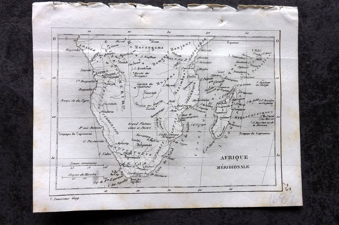 Levasseur, Victor 1838 Antique Map. Afrique Meridionale. South Africa: Antique Steel Engraved Map Published 1838, Paris for "Atlas Classique Universel de Geographie ancienne e moderne" by Victor Levasseur. Paper Size: 5.5 x 4.25 inch (14 x 11cm) Very minor toning. Good C