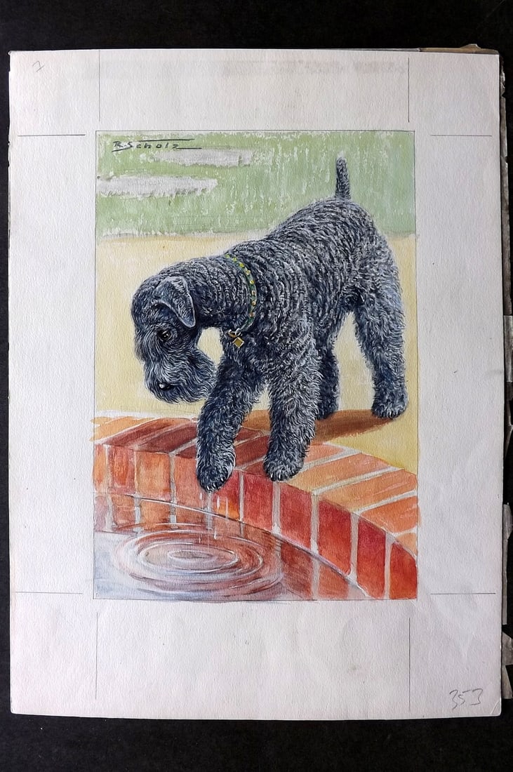 Scholz, Robert C1950 Original Watercolor. Kerry Blue Terrier Dog Painting (1 of 2)