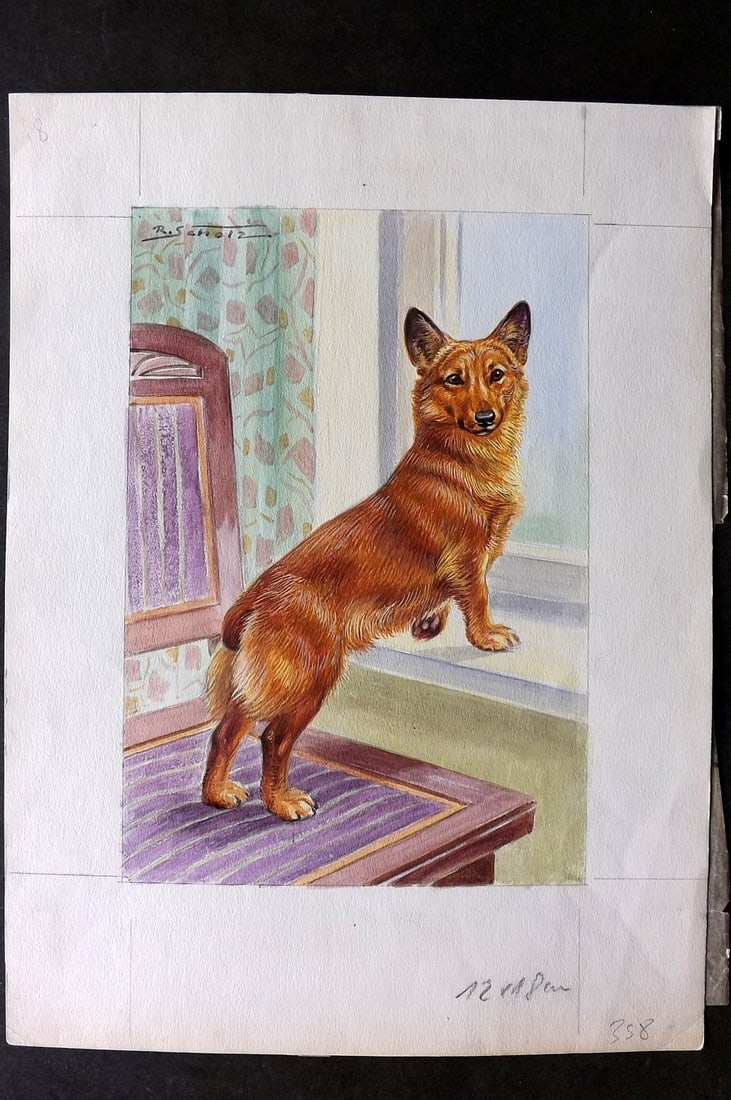 Scholz, Robert C1950 Original Watercolor. Pomeranian Dog Painting (1 of 2)