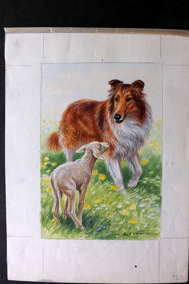 Scholz, Robert C1950 Original Watercolor. Border Collie Sheepdog with Lamb (1 of 2)