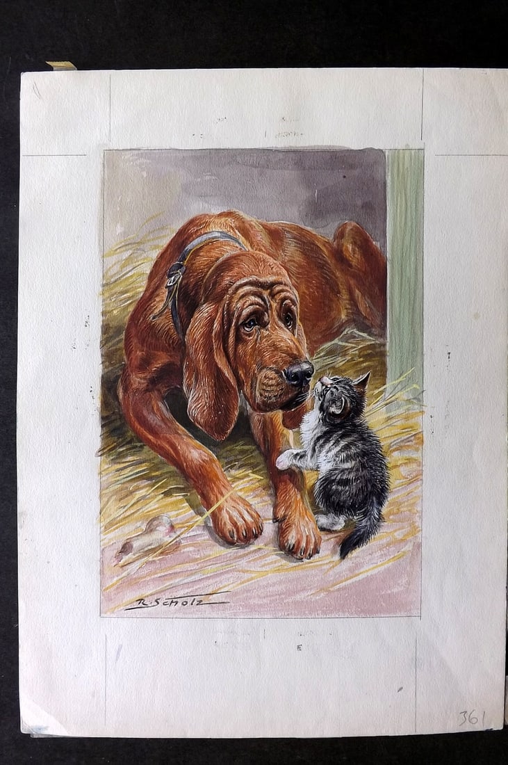 Scholz, Robert C1950 Original Watercolor. Bloodhound and Cat (1 of 2)