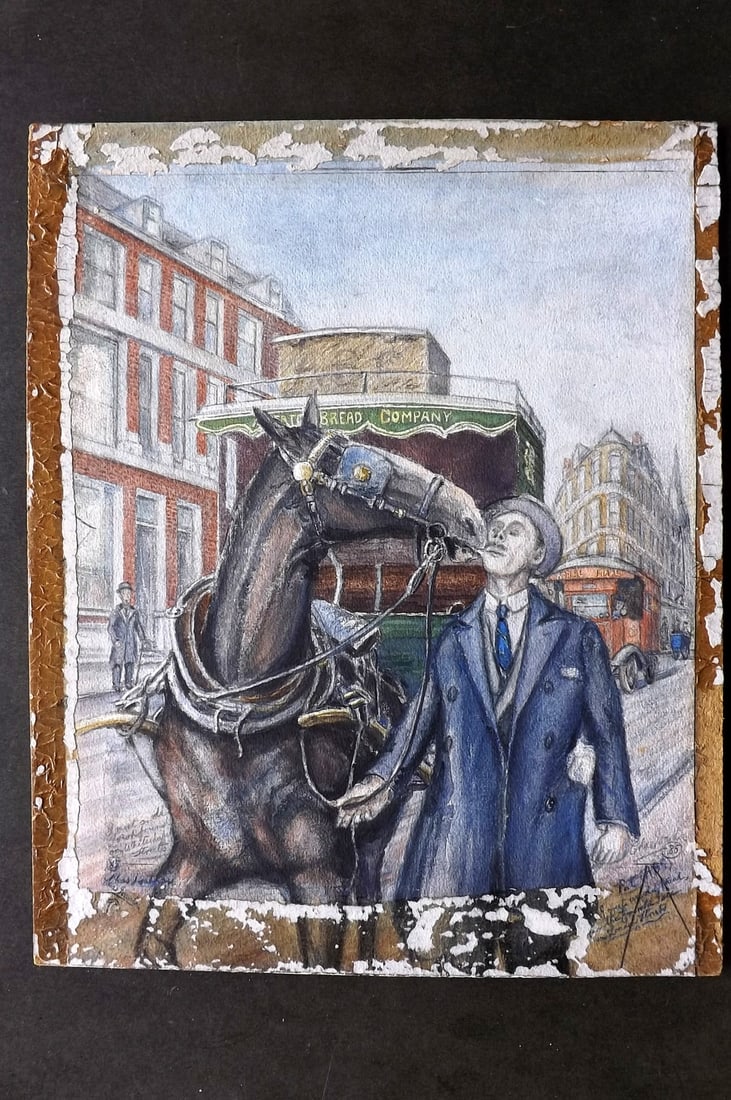Original Art C1900 Large Watercolor of Whitechapel, London: High Standard Watercolour by an unknown Artist. Possibly signed Charles but illegible. Showing a busy scene in Whitehall, London. Probably used to Illustrated the ILN or Graphic or similar periodical 