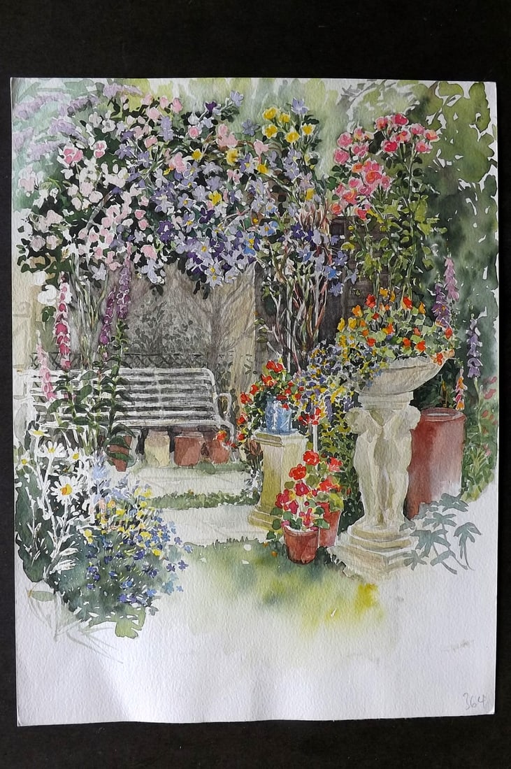 Original Art 20th Cent. Botanical Watercolour of a Garden & Flowers (1 of 2)