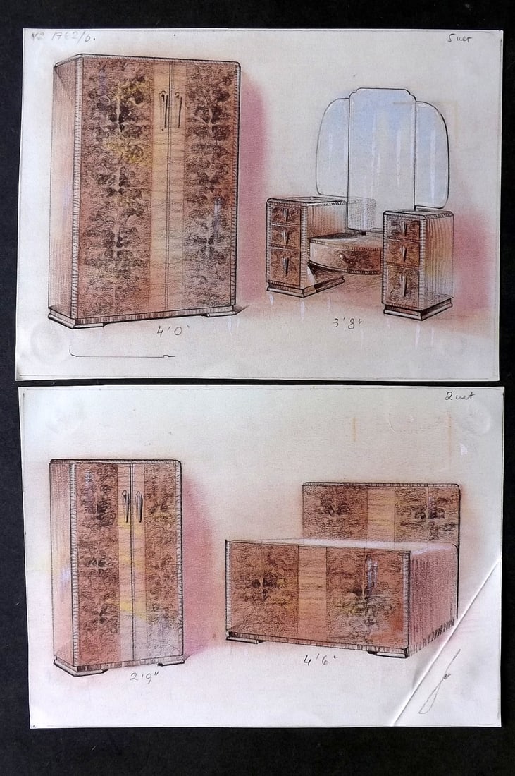 Original Art 1930's Pair of Art Deco Furniture Design Drawings (1 of 2)