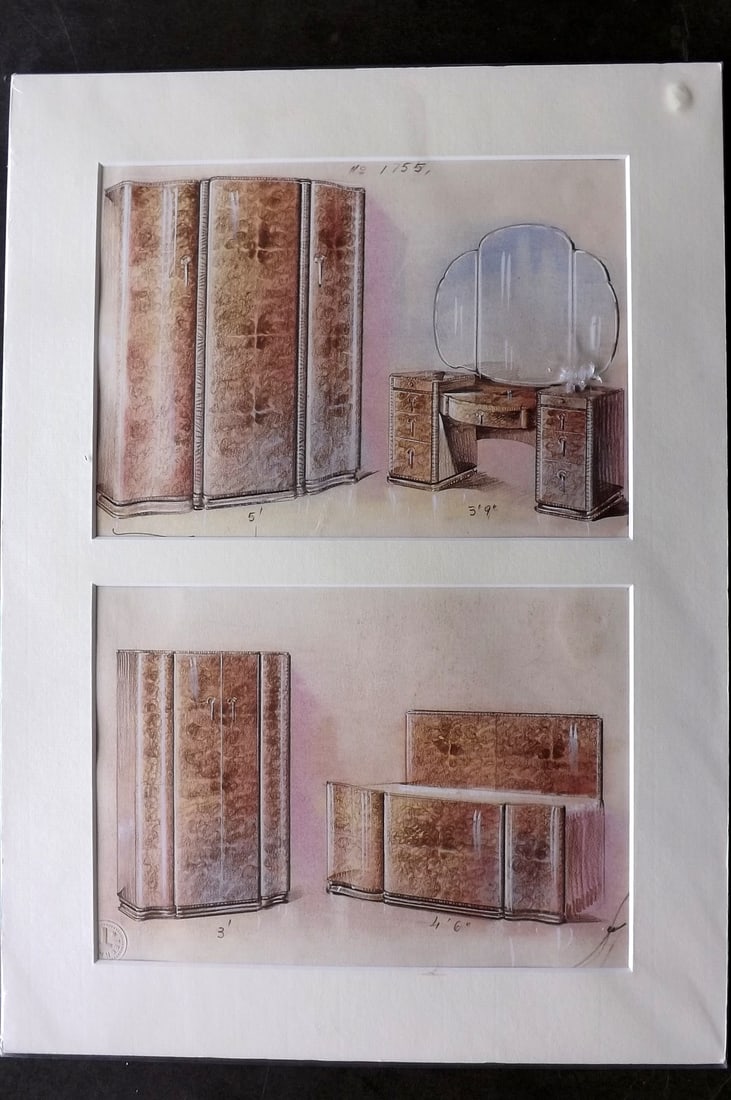 Original Art 1930's Pair of Art Deco Furniture Design Drawings. Mounted/Matted: Mixed Method - Pencil, Pastel, Ink and Graphite. Unknown Artist, most likely original drawings for a Furniture Catalogue. Paper Size: 11.5 x 8 inch (29 x 21cm) Overall Size 20.5 x 15 inch (52 x 38cm) 