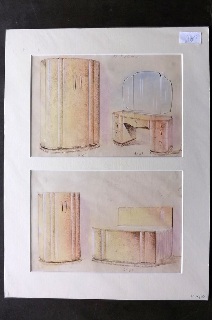 Original Art 1930's Pair of Art Deco Furniture Design Drawings. Mounted/Matted (1 of 2)