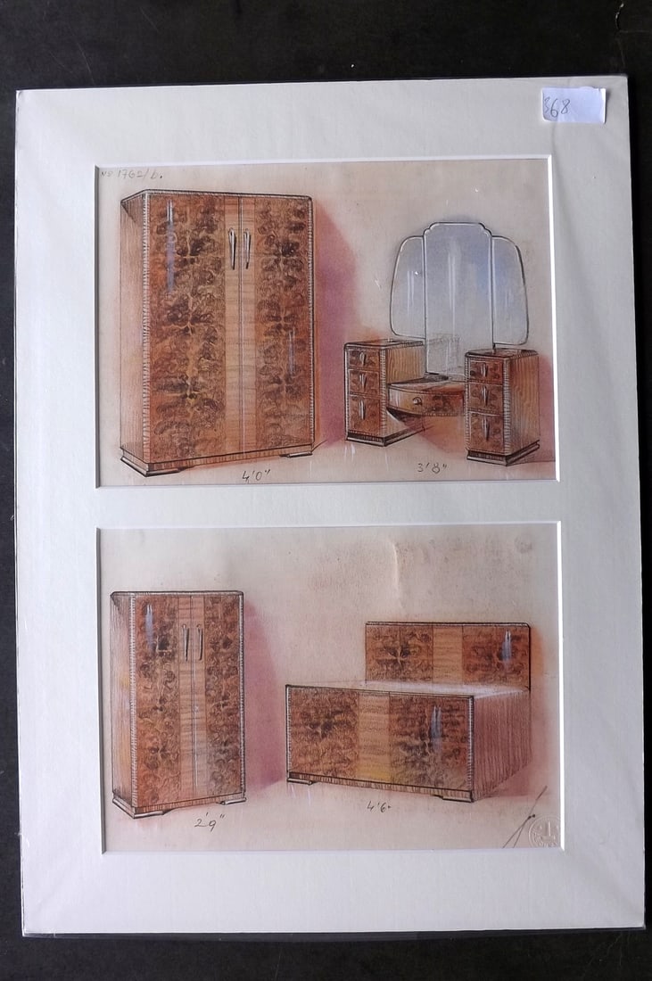 Original Art 1930's Pair of Art Deco Furniture Design Drawings. Mounted/Matted (1 of 2)