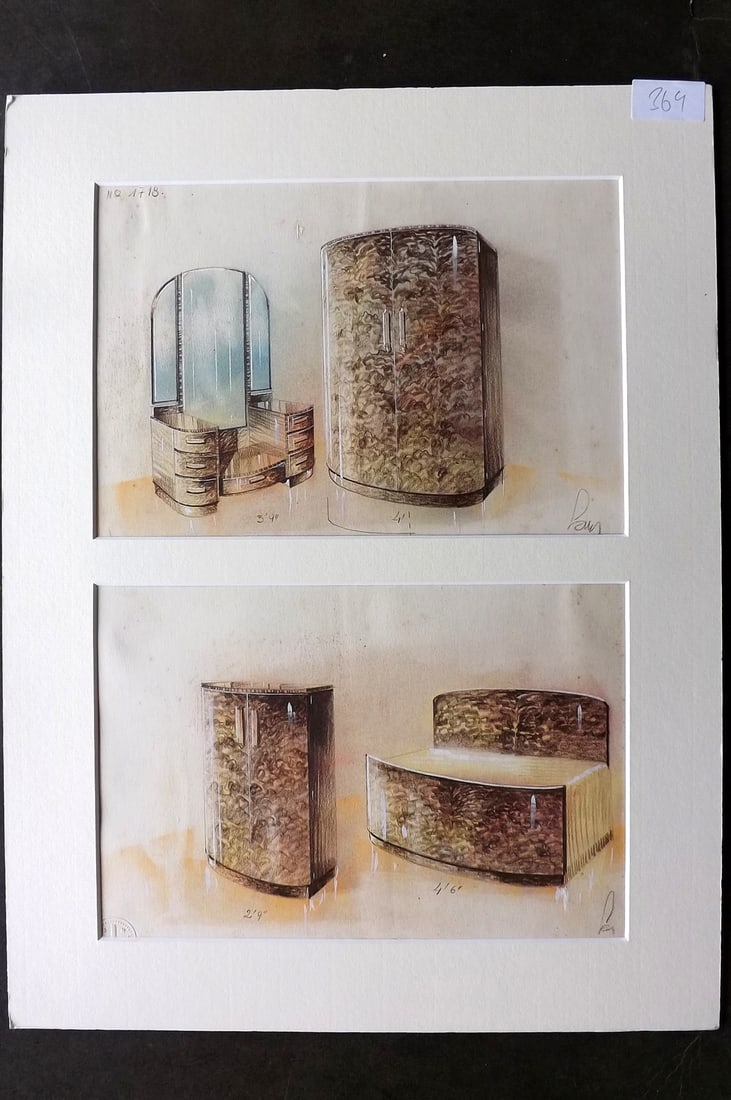 Original Art 1930's Pair of Art Deco Furniture Design Drawings. Mounted/Matted (1 of 2)