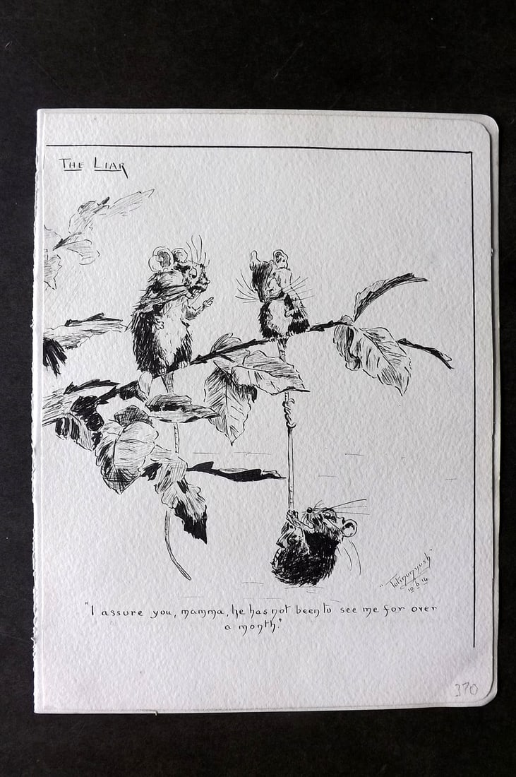 Original Art 1914 Pen & Ink. Mice Mouse. "The Liar": Pen and Ink Titled "The Liar" Signed and dated but signature illgible. Paper Size: 9 x 7 inch (23 x 18cm) Good Condition